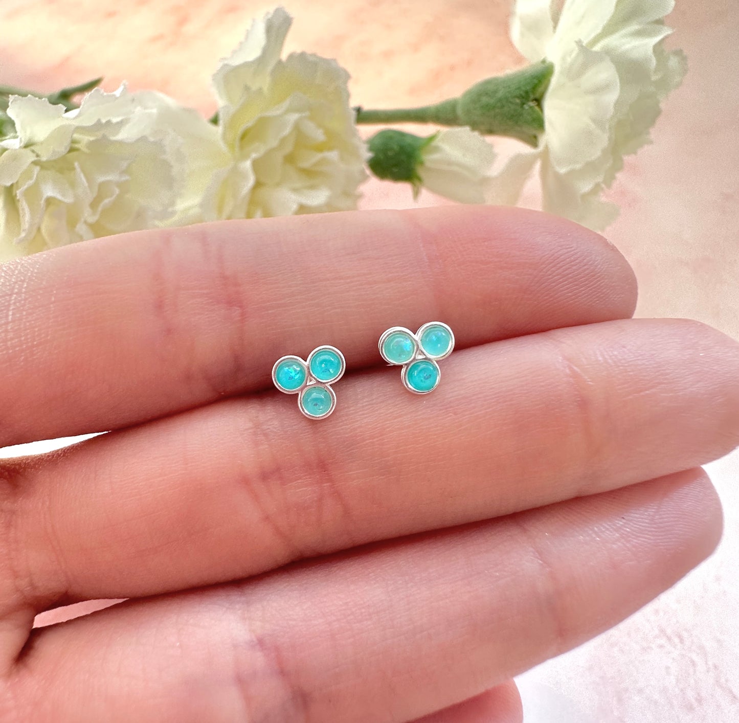 925 Sterling Aqua tri bead Opal stud earrings.