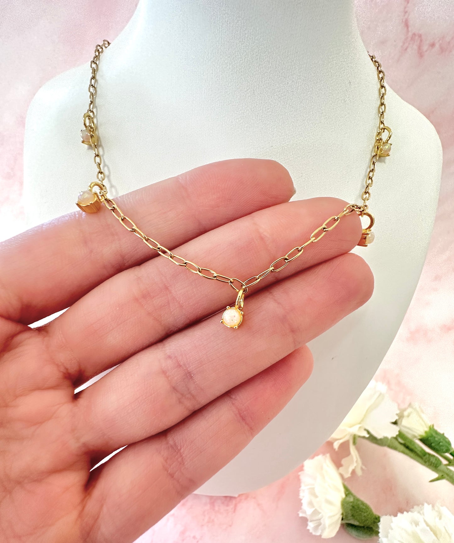 Gold Opal Droplet Necklace.