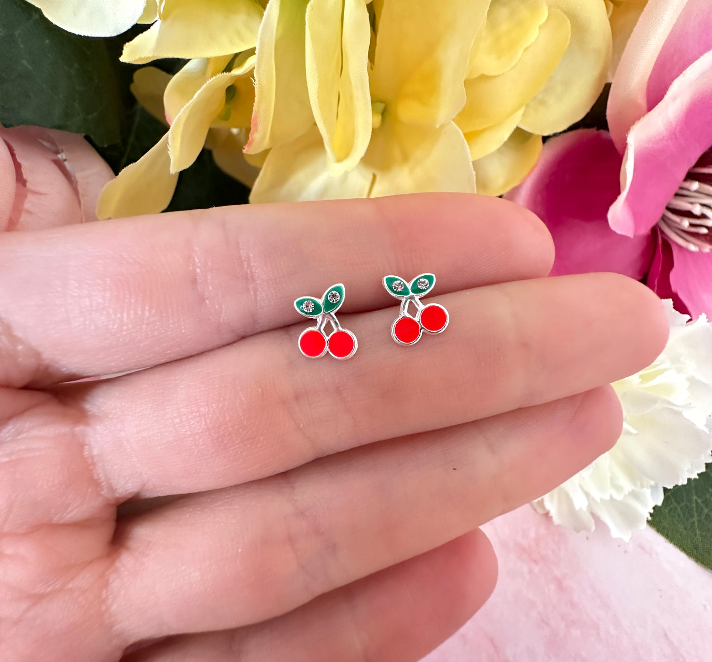 925 Sterling silver red Cherry stud earrings.