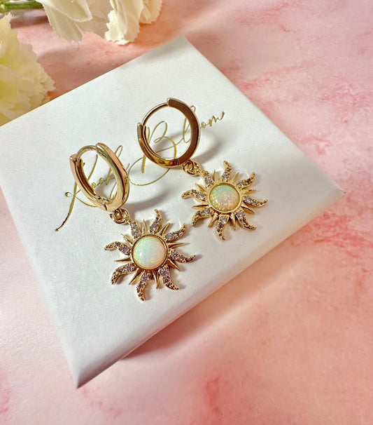 Gold white Opal Sun Huggie earrings.