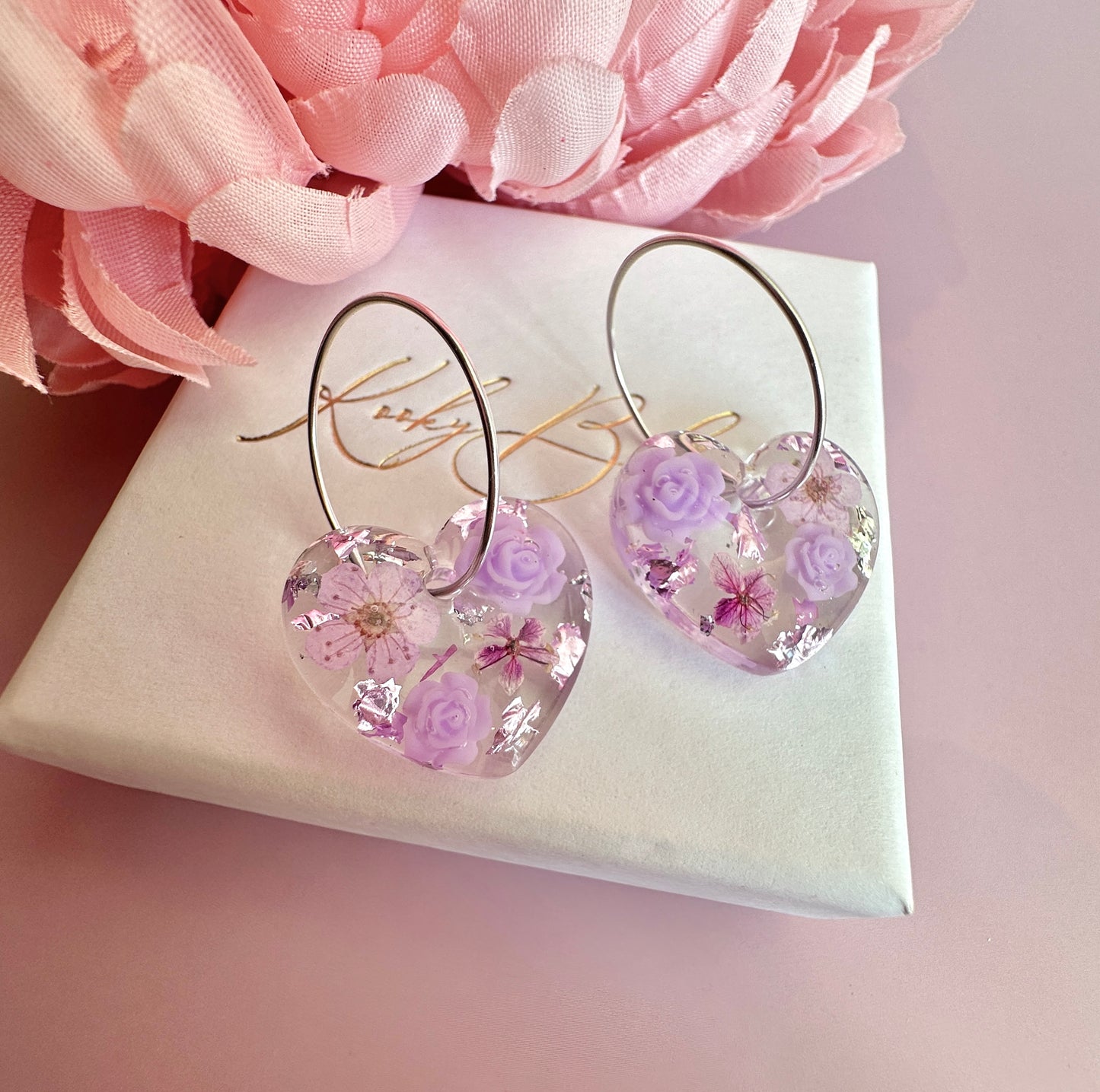 Lilac Rose Blossom Heart earrings.
