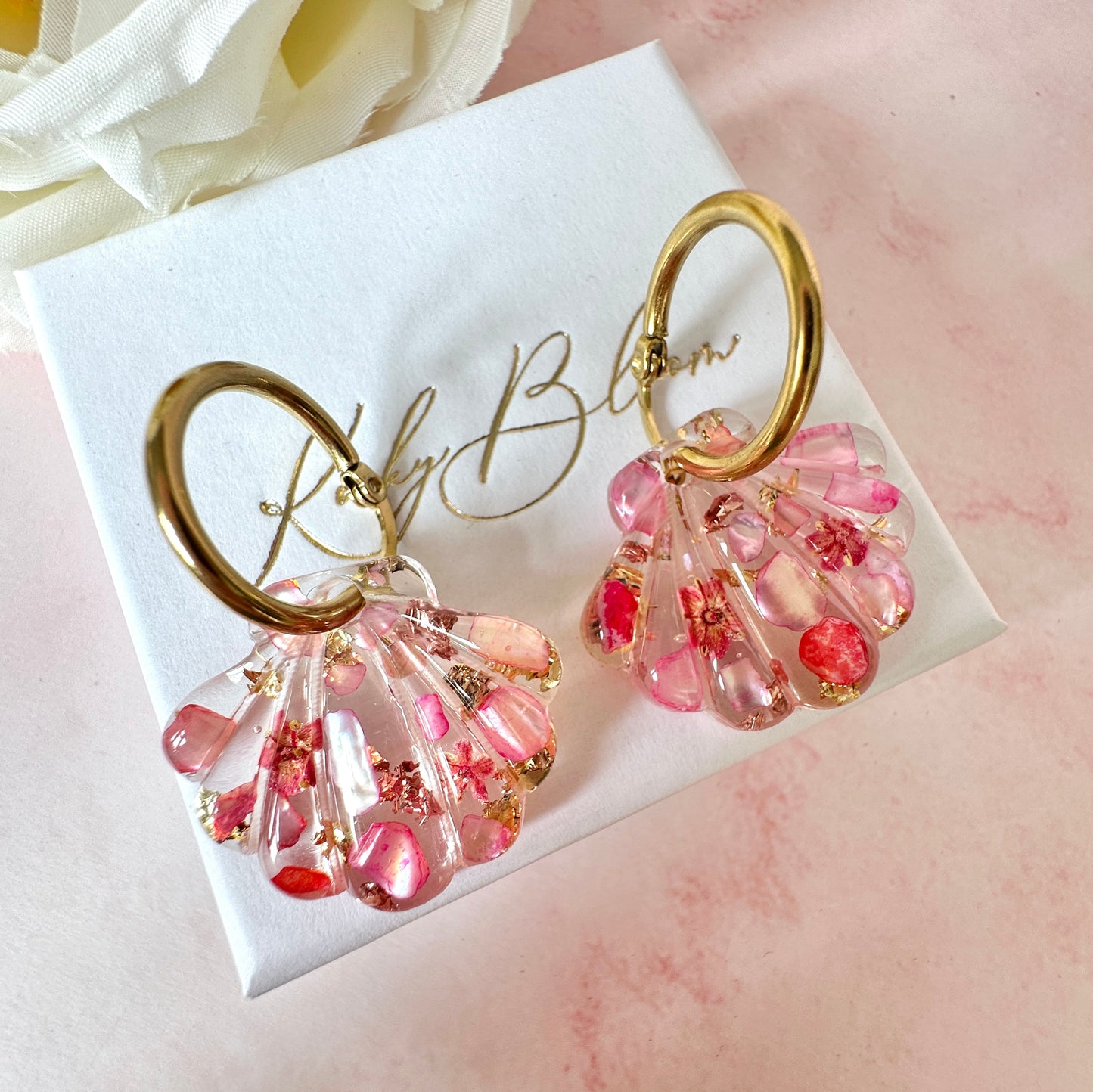 Pink Coral Seashell bloom hoop earrings.