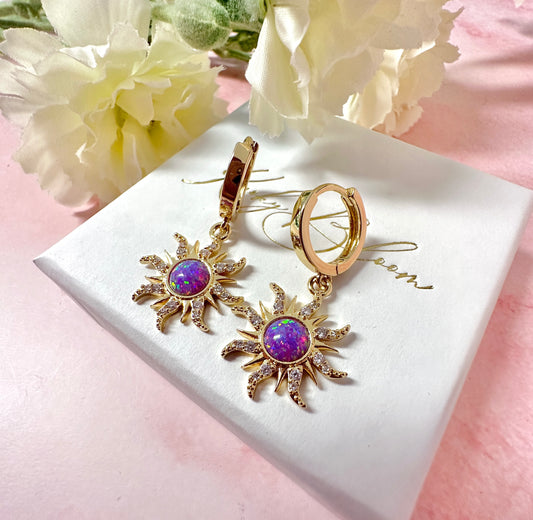 Gold purple Opal Sun Huggie earrings.