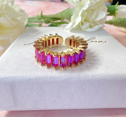 Gold Fuchsia rectangle stone Adjustable ring.
