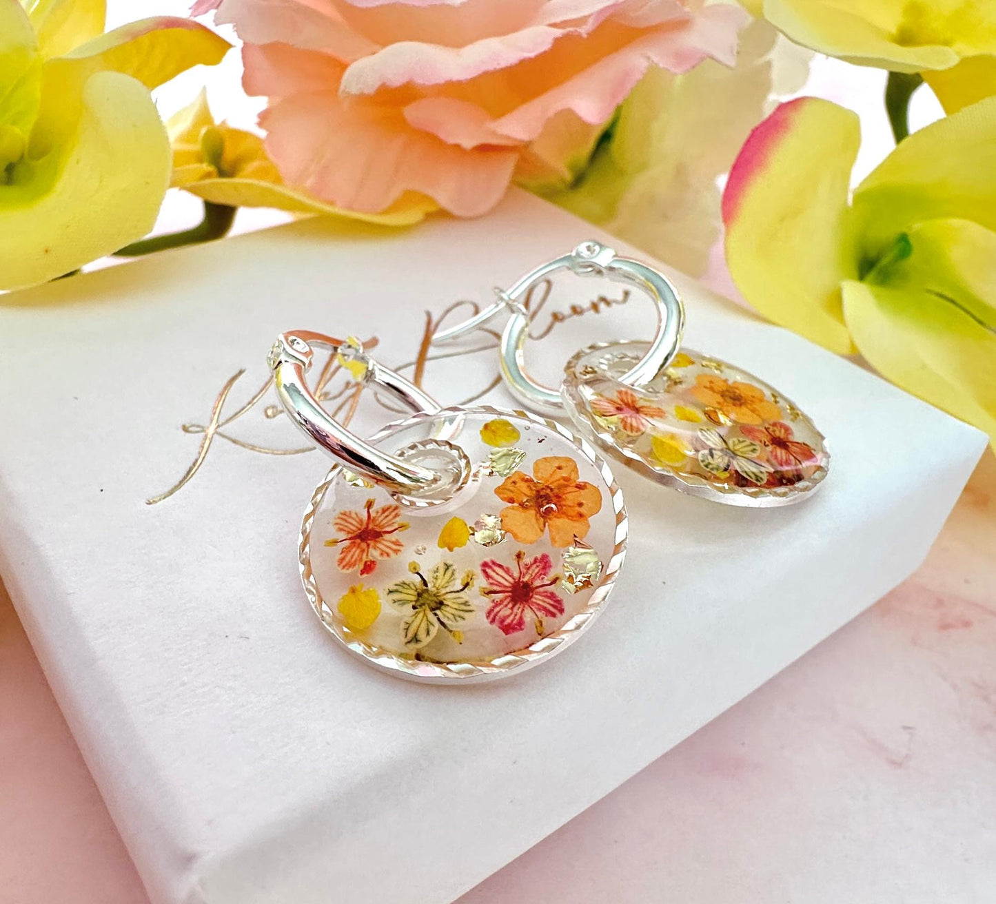 Tutti Frutti Bloom disc silver hoop Earrings.