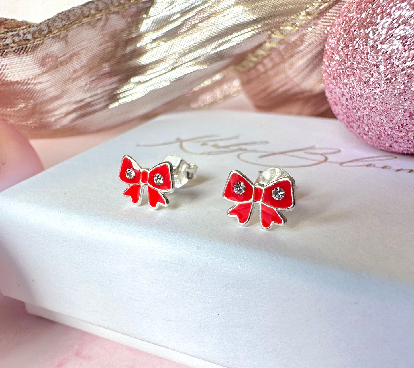 925 sterling silver Red Bow stud earrings.
