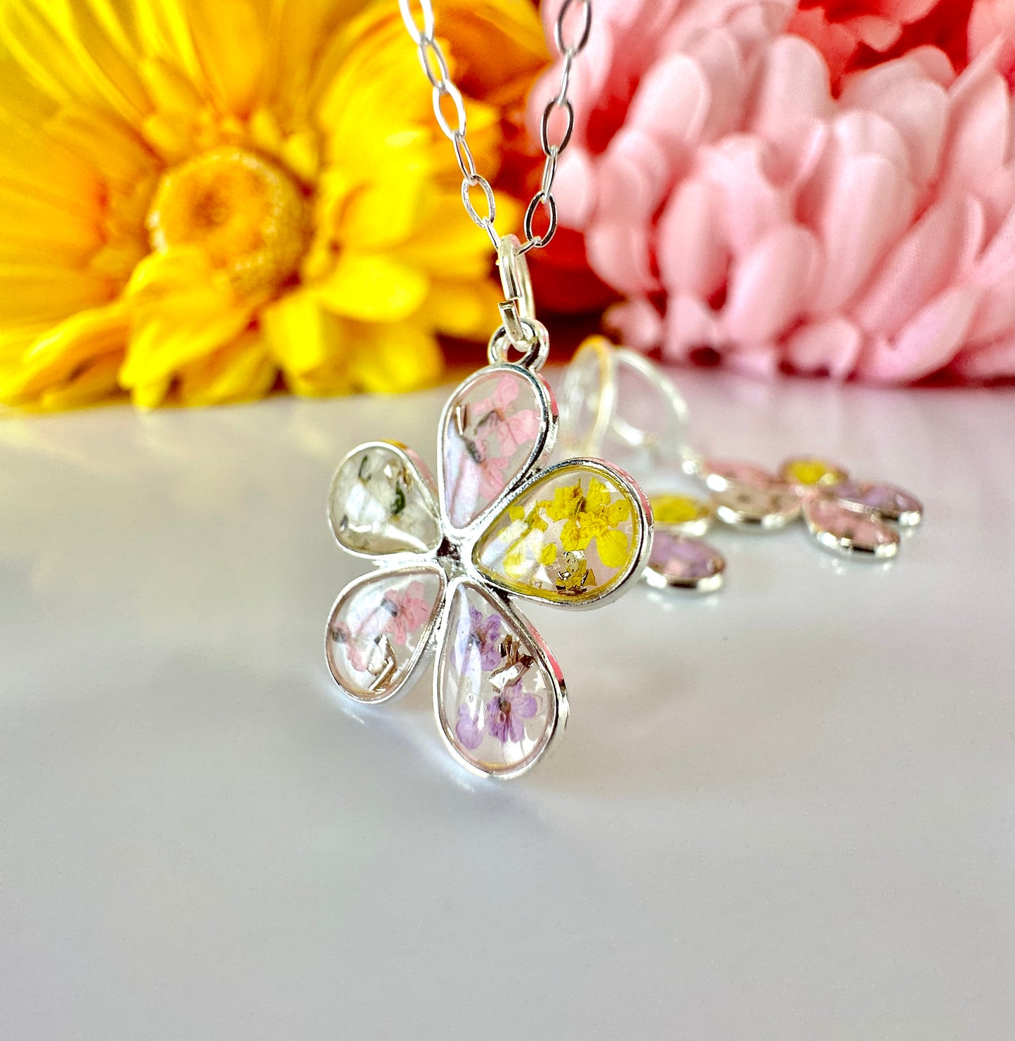 Pastel confetti flower silver necklace.