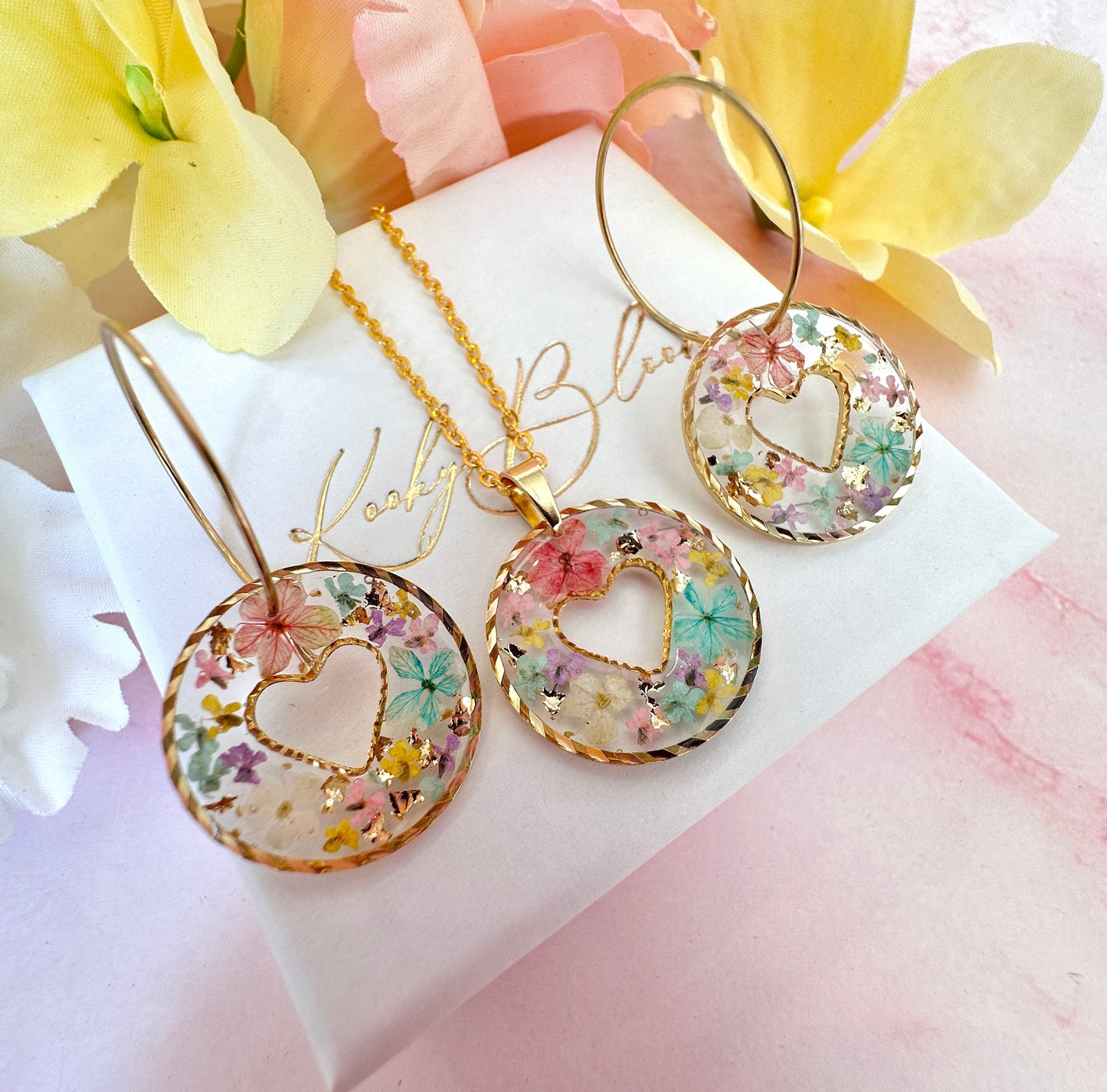 Gold Pastel confetti flower Heart necklace.
