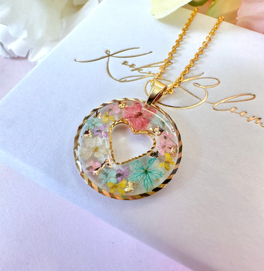Gold Pastel confetti flower Heart necklace.