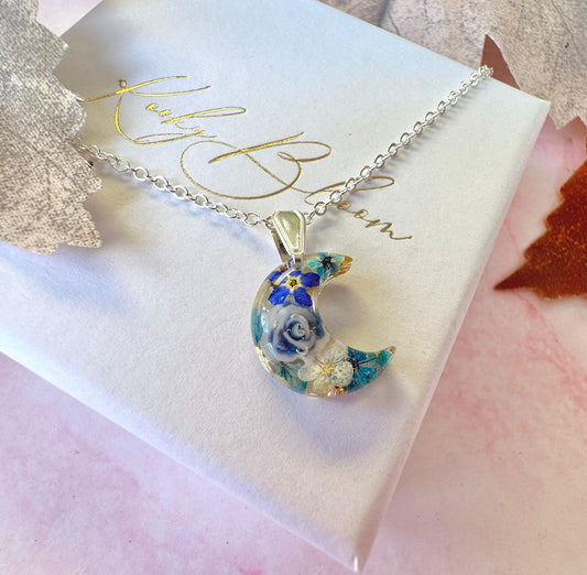 Silver Blue Moon Forget me nots flower Necklace