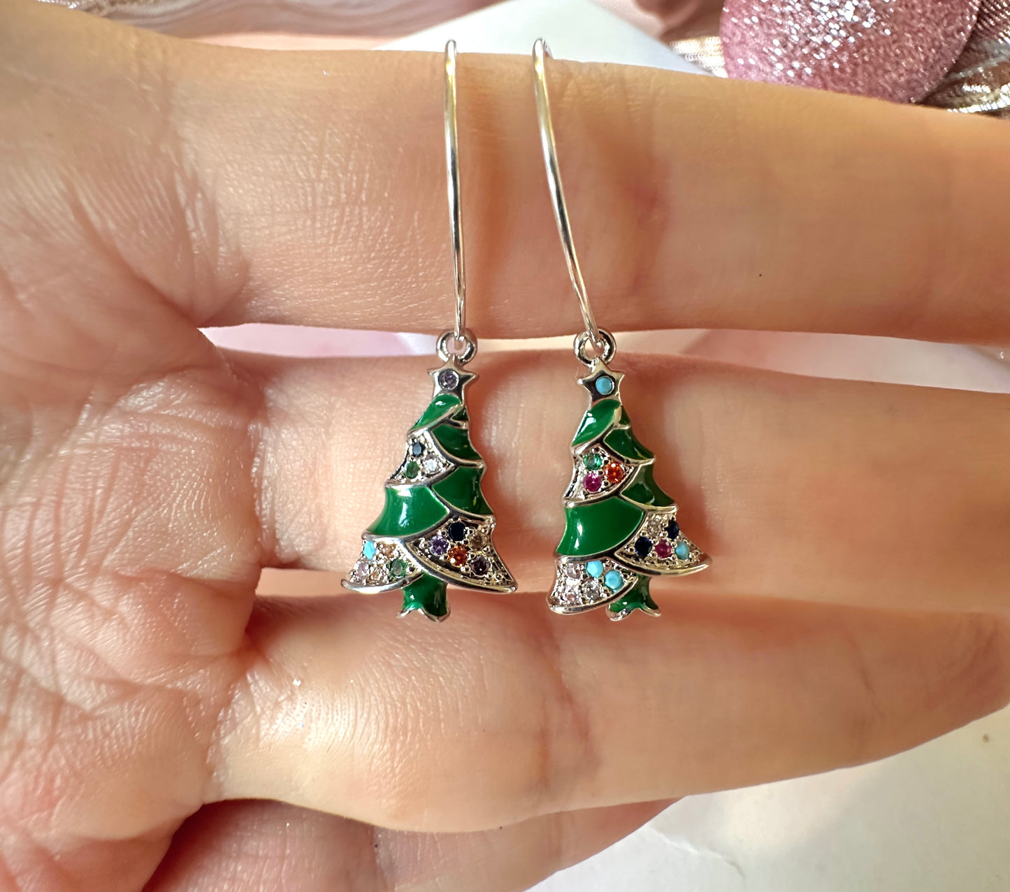 Green colourful Christmas tree Sterling silver hoop earrings.