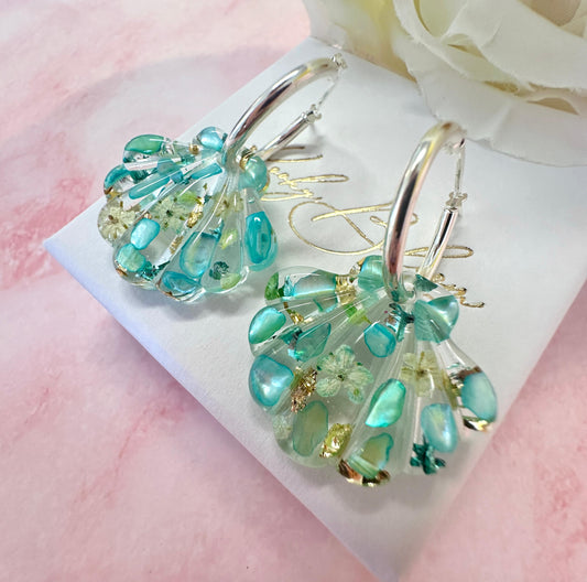 Aqua Seashell bloom hoop earrings.
