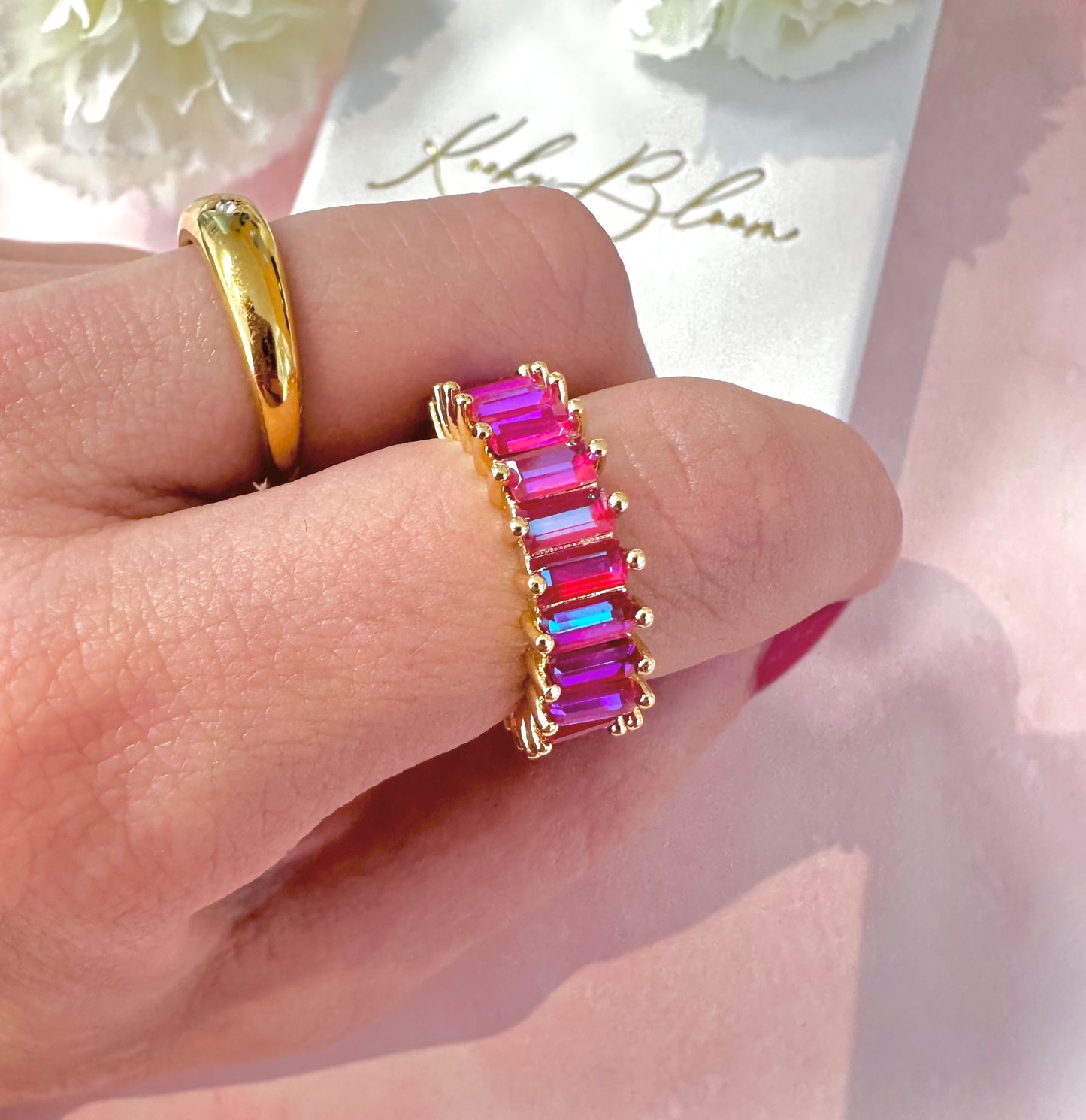 Gold Fuchsia rectangle stone Adjustable ring.
