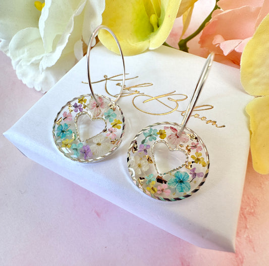 Pastel confetti flower Heart hoop earrings.