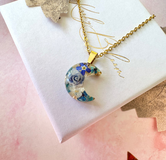 Gold Blue Moon Forget me not flower Necklace