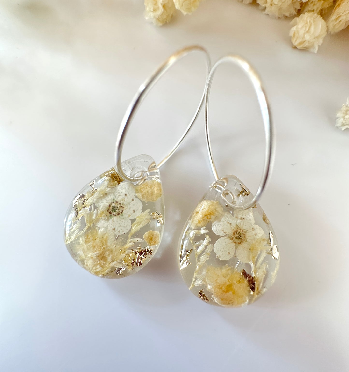 925 sterling silver Boho cream Teardrop hoop earrings.
