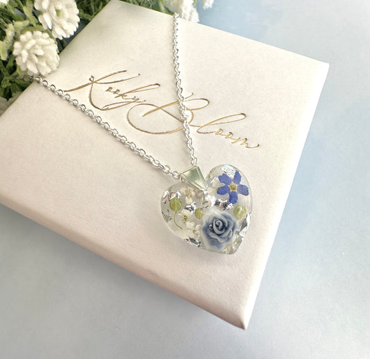 Silver Powder Blue Forget me not Heart necklace.