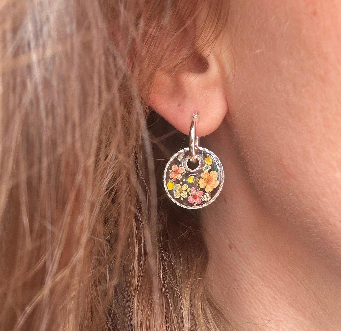 Tutti Frutti Bloom disc silver hoop Earrings.