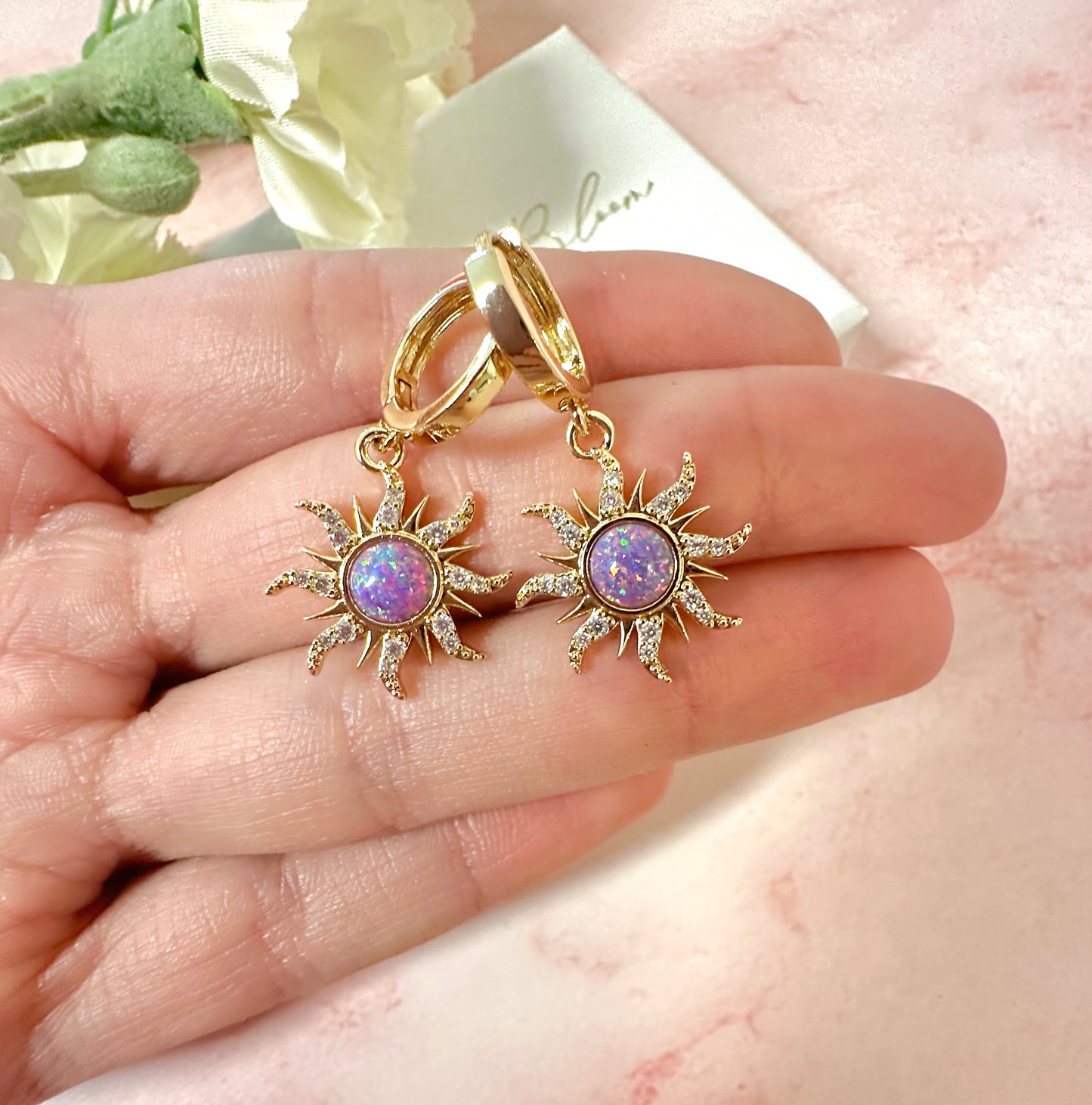 Gold purple Opal Sun Huggie earrings.