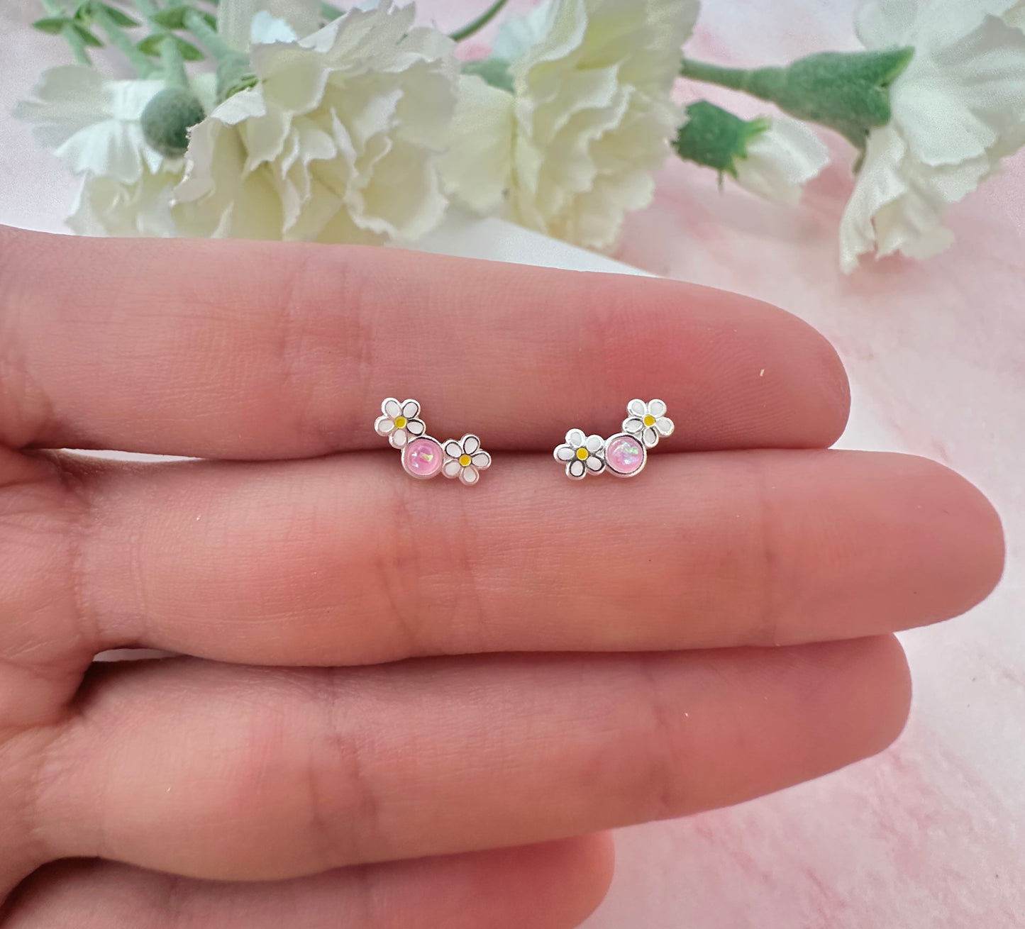 925 Sterling silver pink opal Daisy  climber stud earrings.