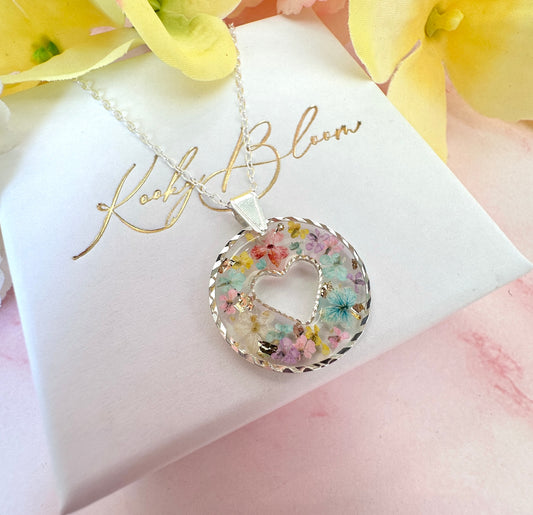Silver Pastel confetti flower Heart necklace.