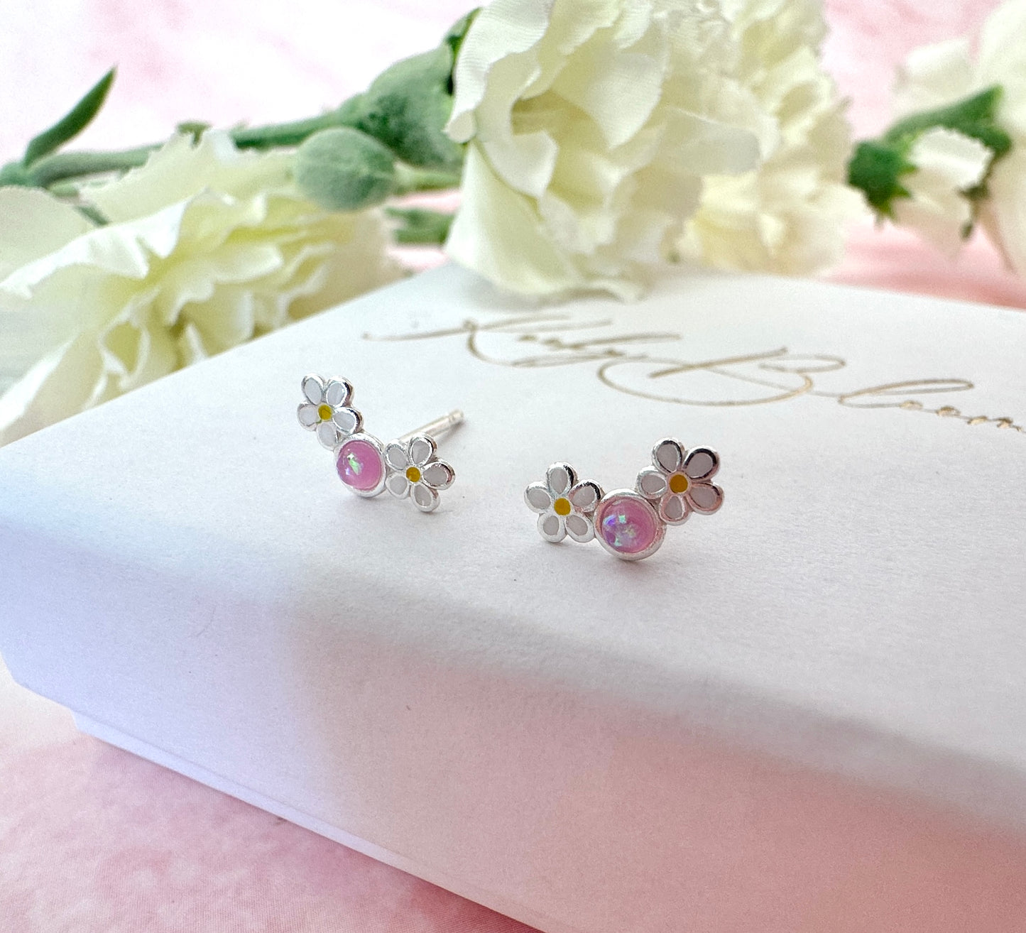 925 Sterling silver pink opal Daisy  climber stud earrings.