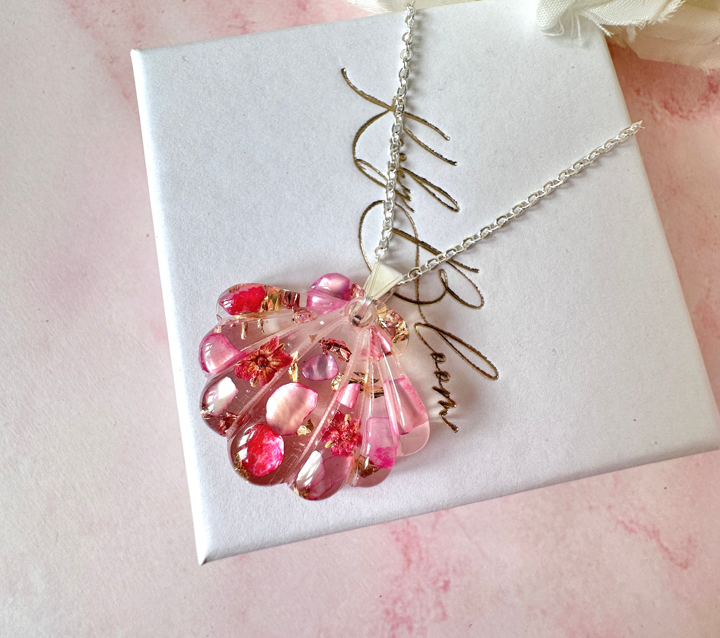 Silver Pink Coral Seashell Bloom necklace.