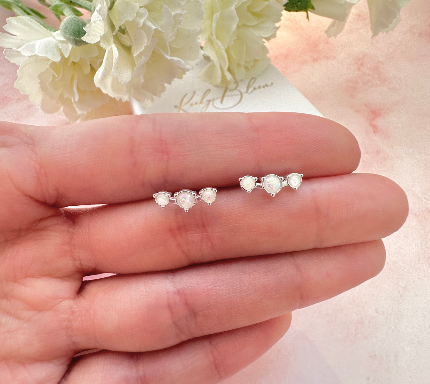 925 Sterling silver Opal curved climber stud earrings.