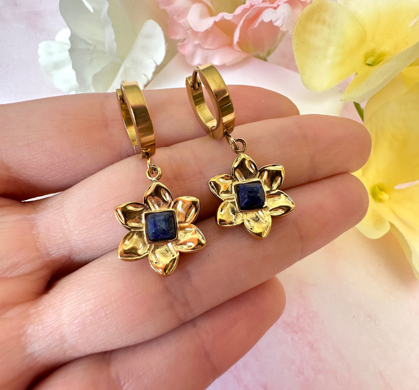 Gold Blue stone Flower Huggie earrings.