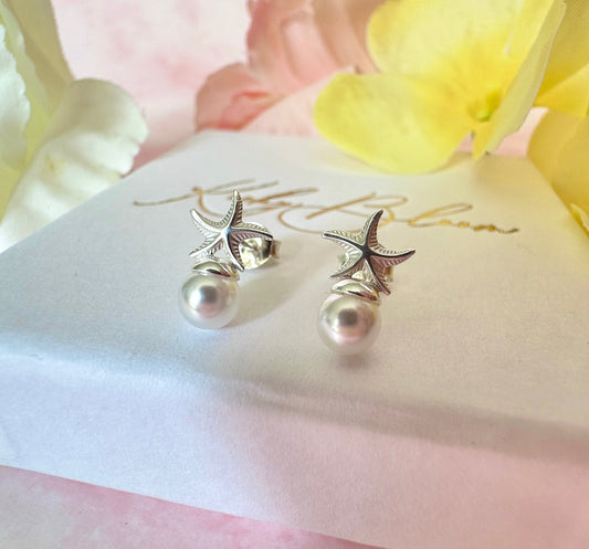 925 sterling Silver Pearl Starfish stud earrings.