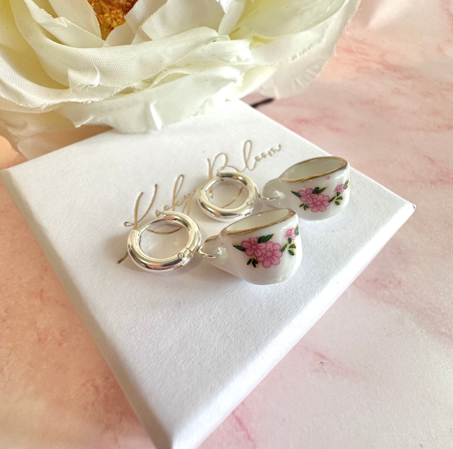 Pink Floral ceramic Teacup earrings.