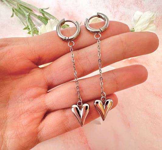 Silver Drop chain Heart huggie hoop earrings.