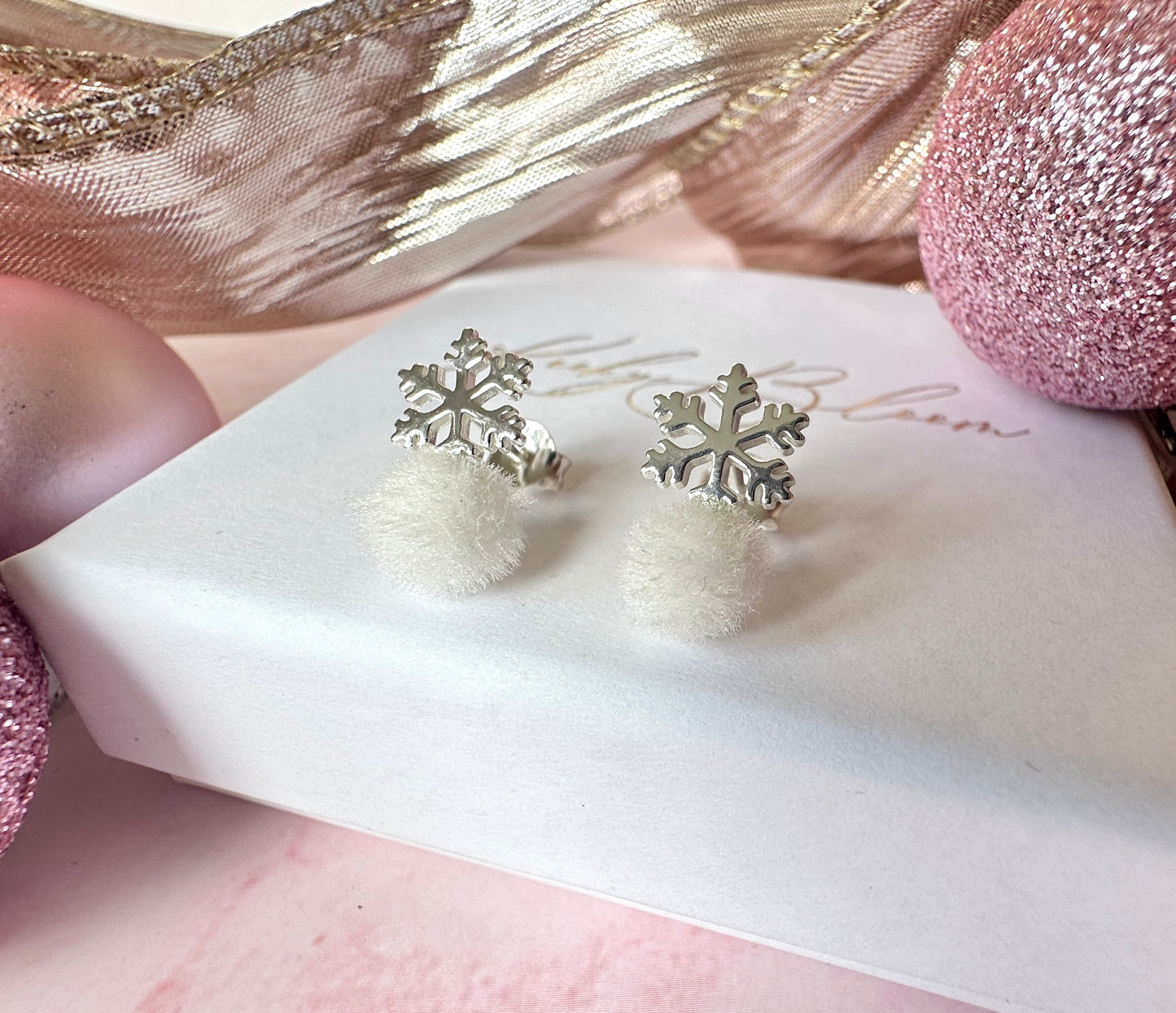 925 Sterling silver Pom-Pom Snowflake stud earrings.