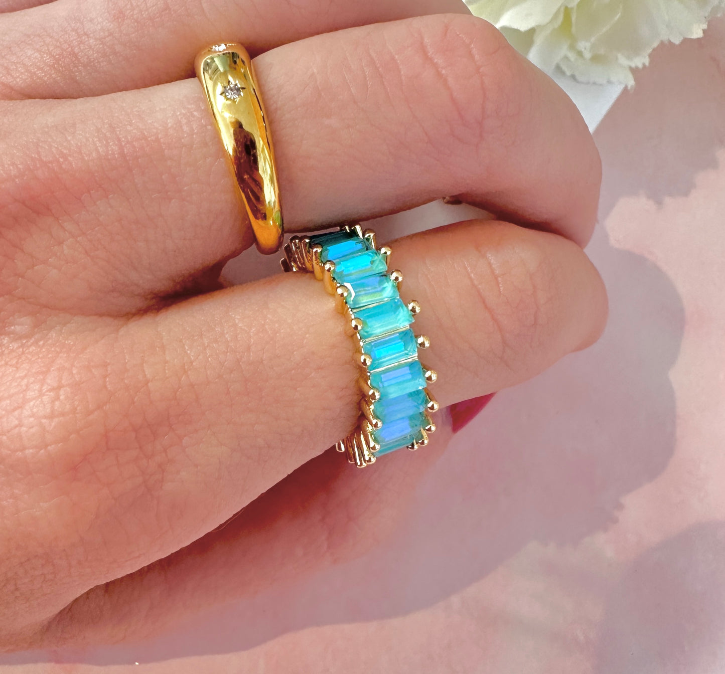 Gold Blue rectangle stone Adjustable ring.