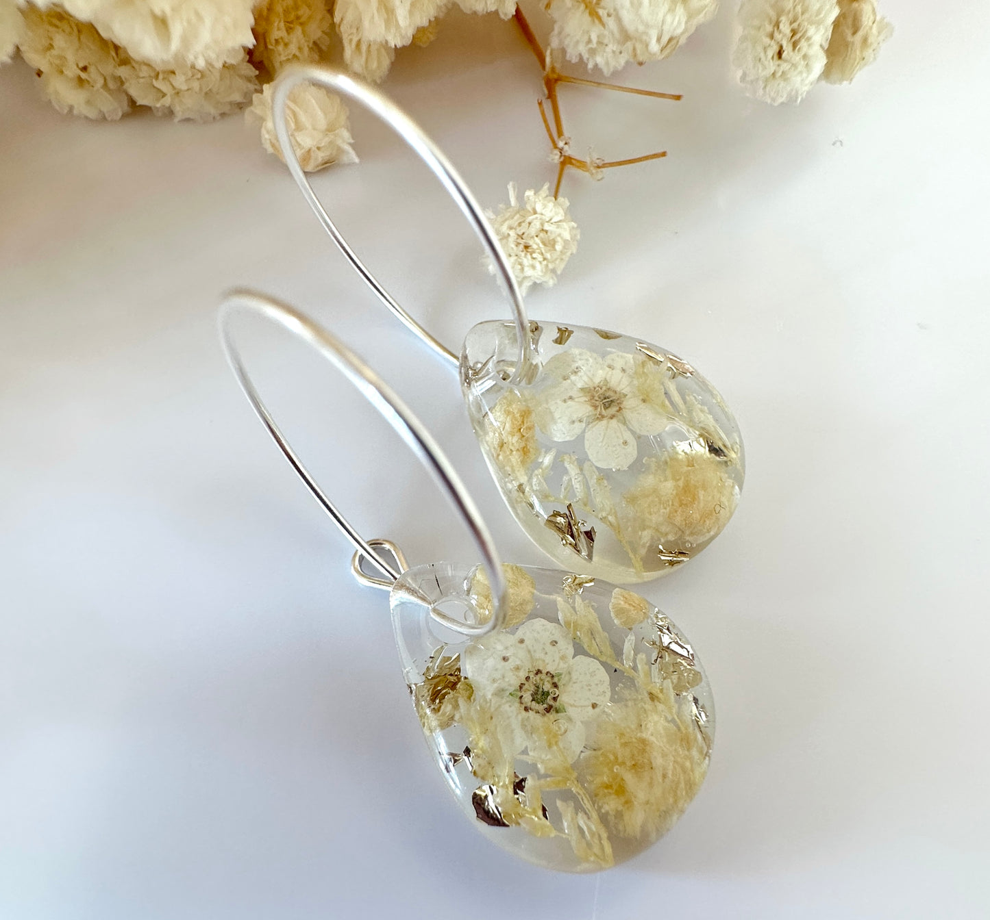 925 sterling silver Boho cream Teardrop hoop earrings.
