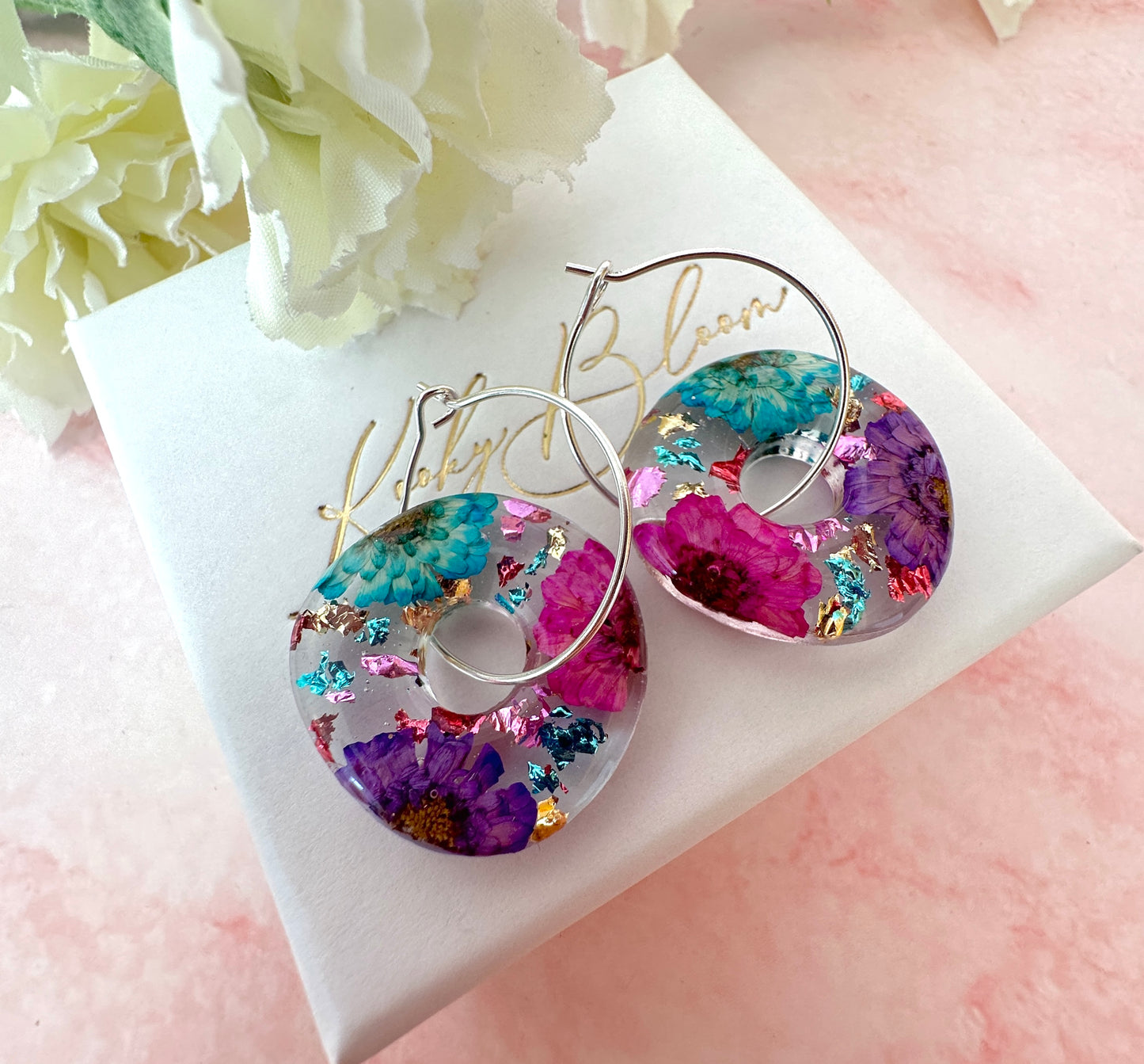 Magenta Turquoise chrysanthemum flower Donut Hoop earrings.