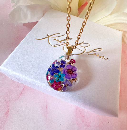 Gold Purple Rain Bloom Teardrop necklace.