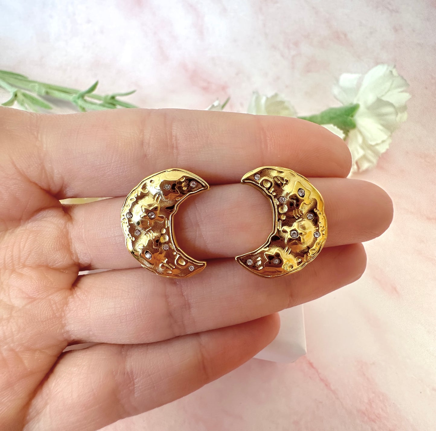 Gold oversized organ CZ Moon stud earrings .