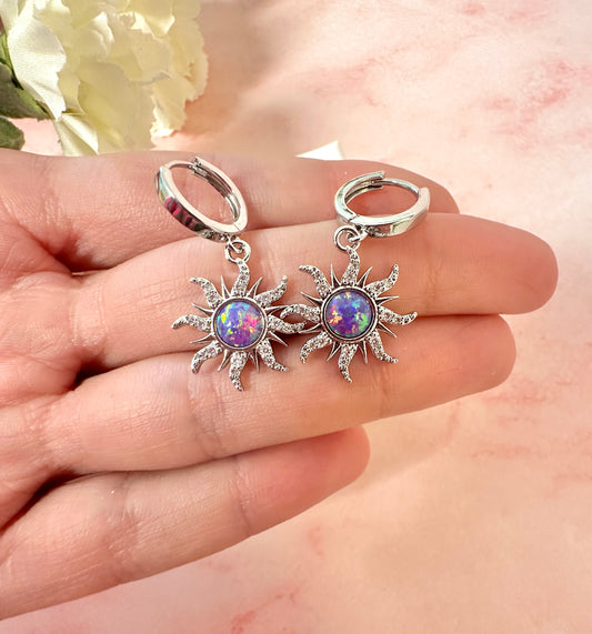 Silver Purple Opal Sun Huggie hoop earrings.