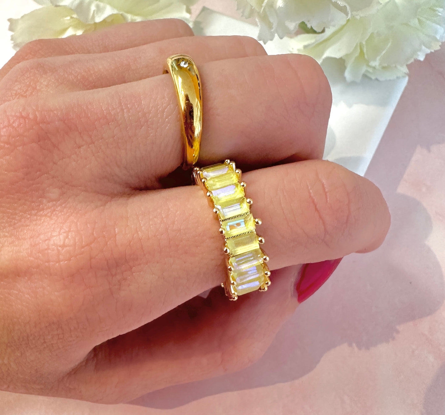 Gold Yellow rectangle stone Adjustable ring.