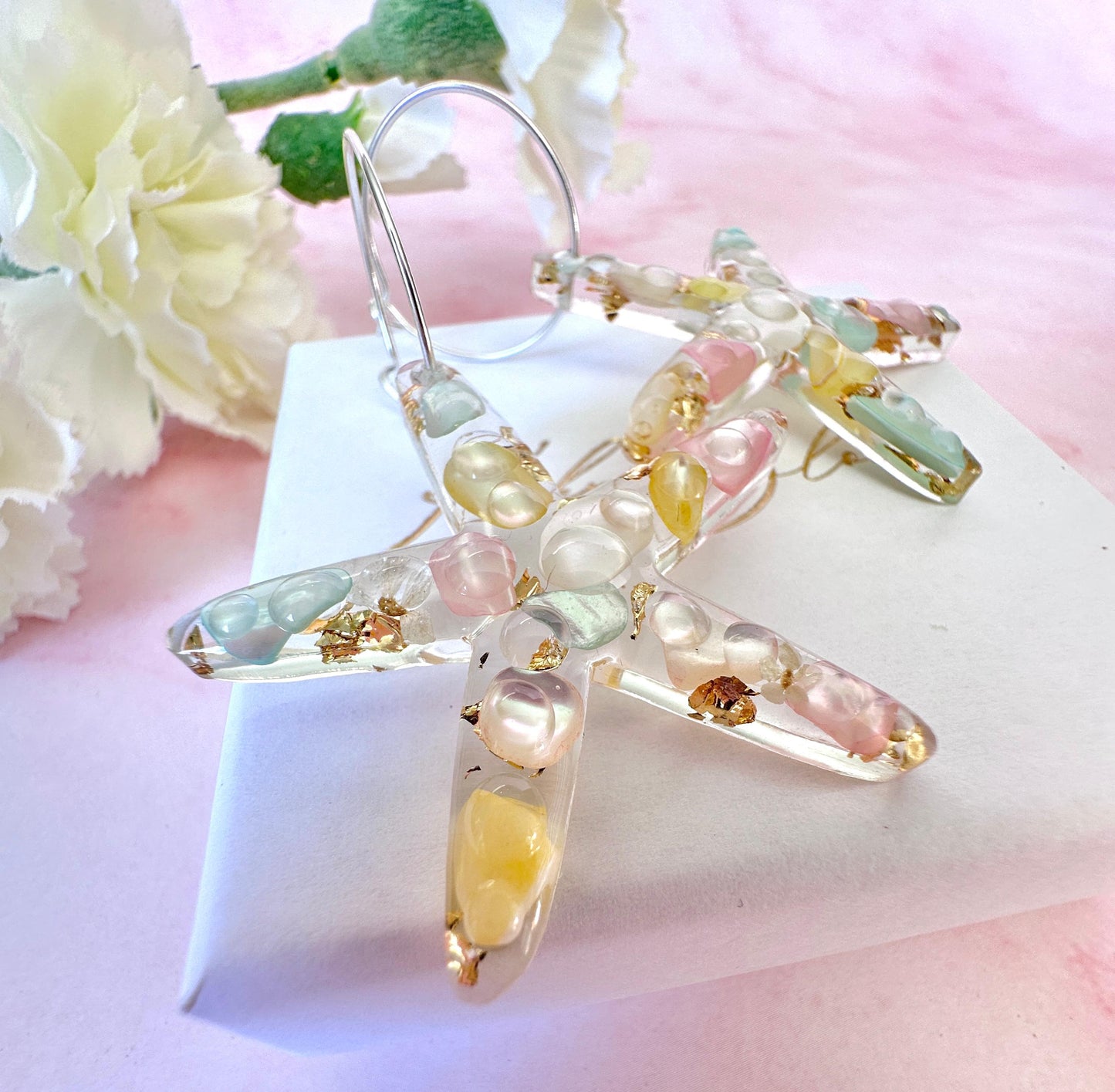 Starfish Seashell Silver hoop Earrings.