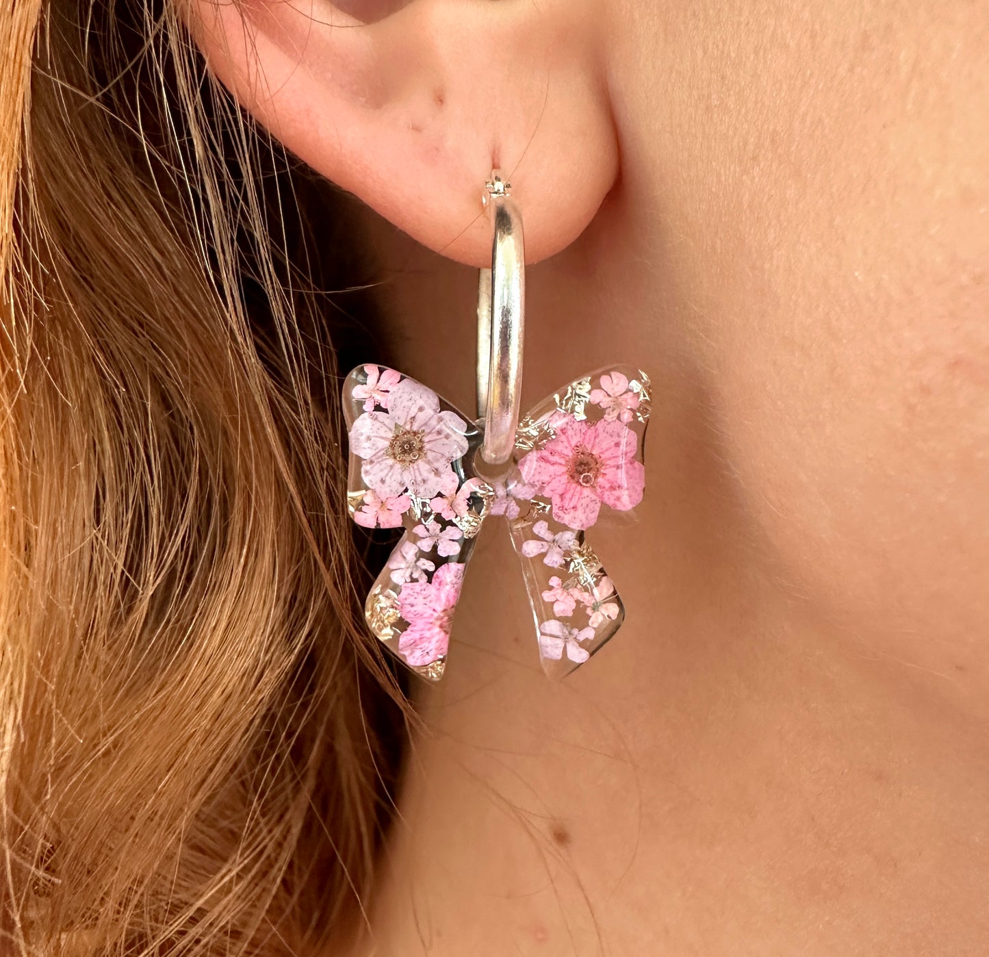 Pink Lilac Bloom Bow Hoop earrings.