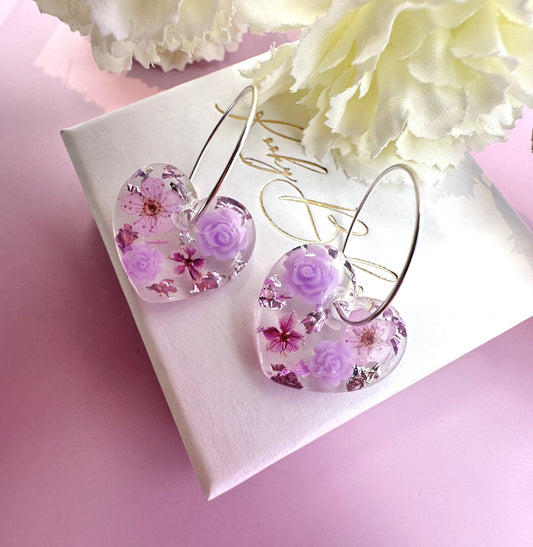 Lilac Rose Blossom Heart earrings.