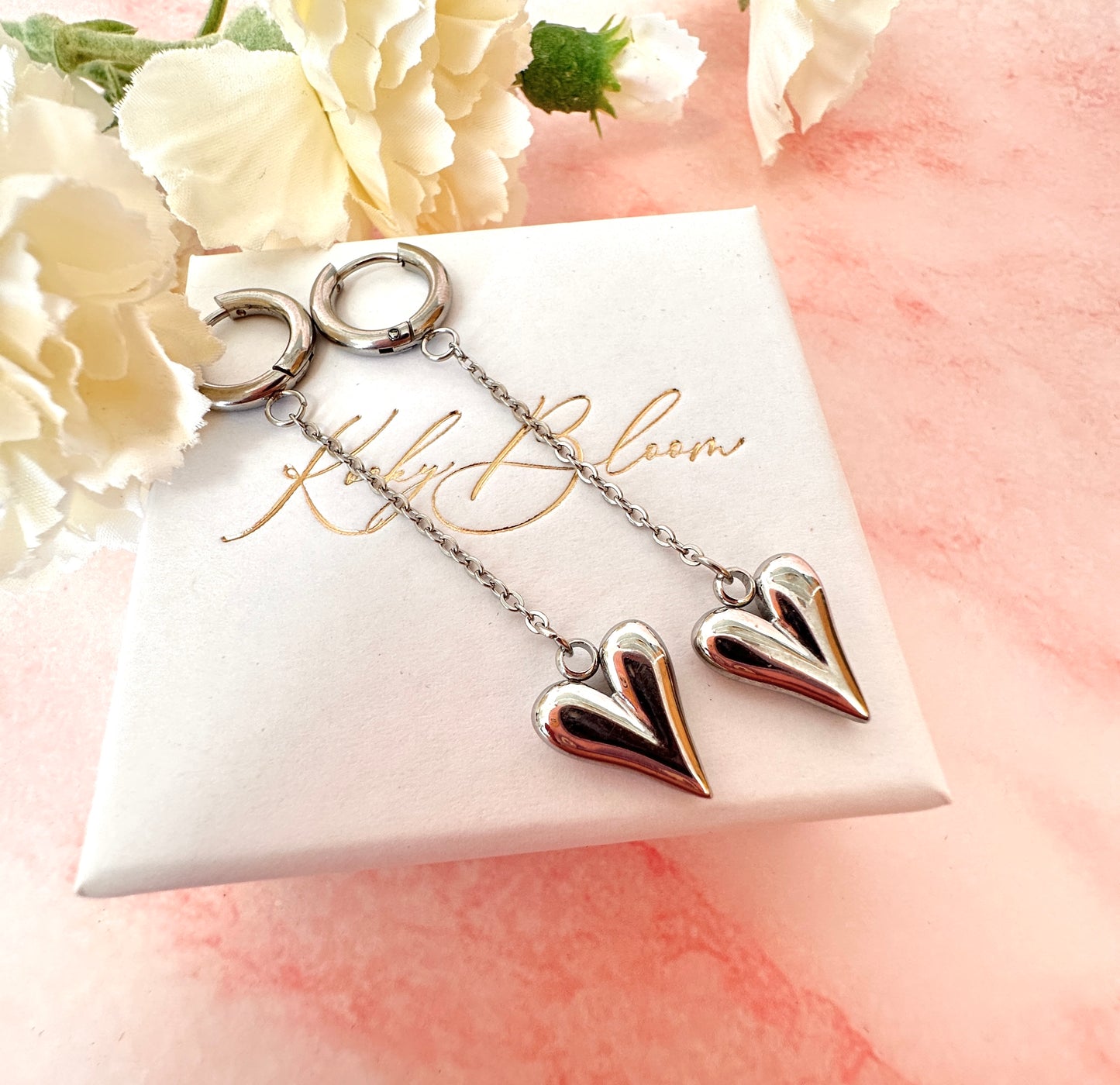 Silver Drop chain Heart huggie hoop earrings.