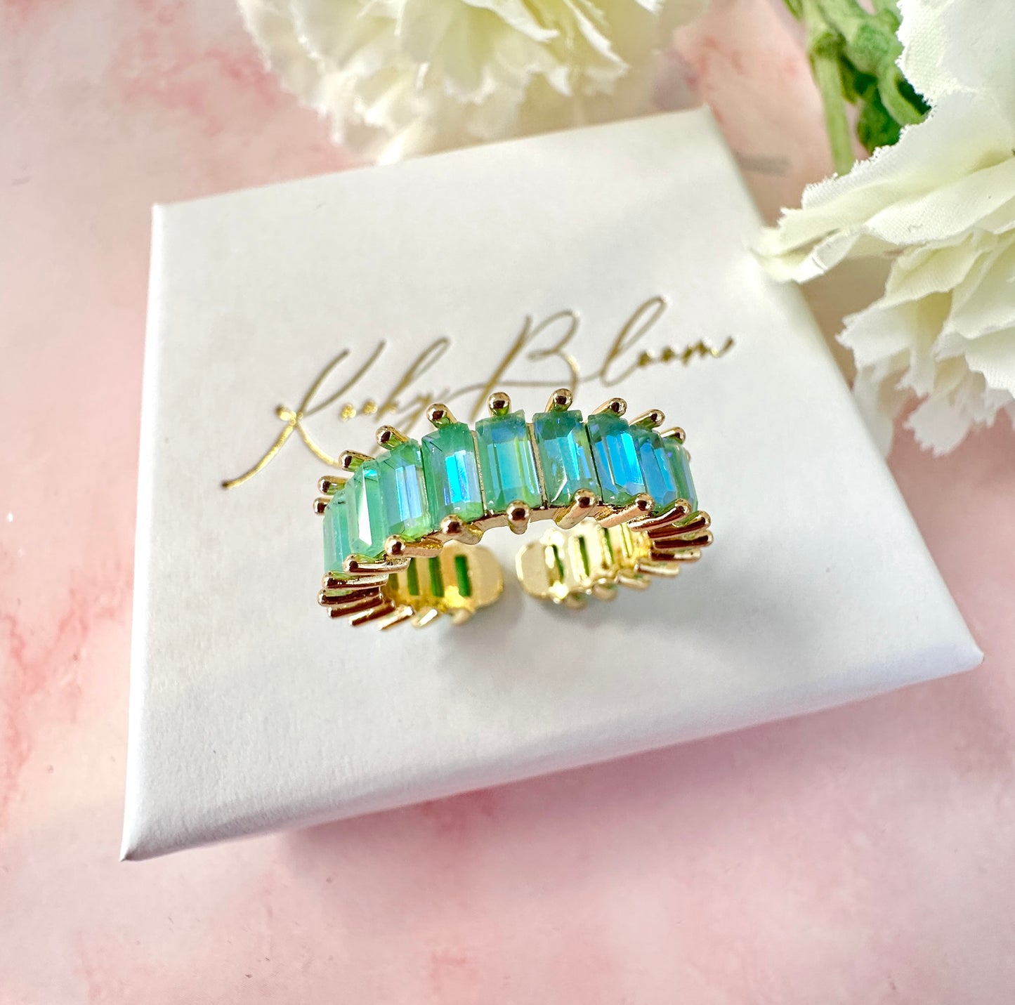 Gold Mint green rectangle stone Adjustable ring.