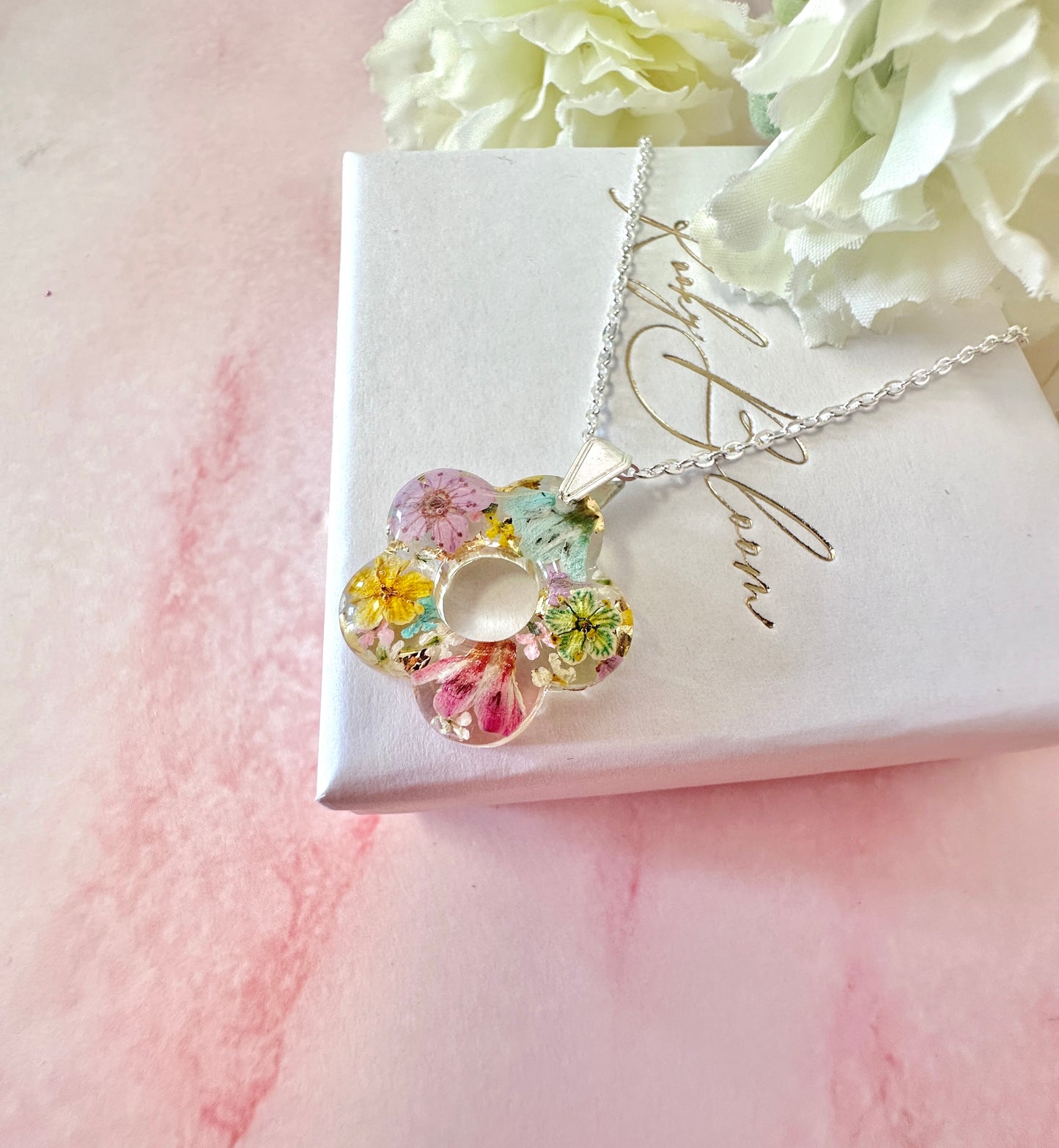 Silver Watercolour Bloom flower necklace.