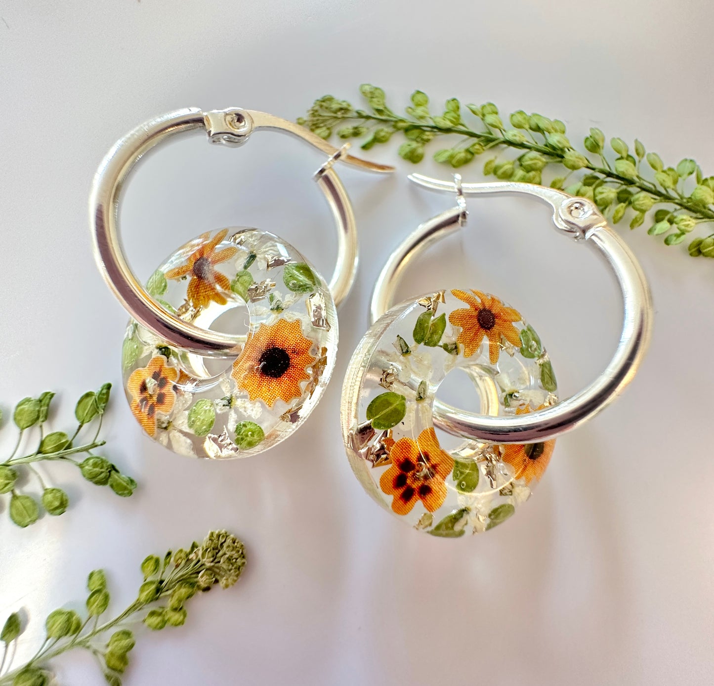 Sunflower Donut Hoop earrings.