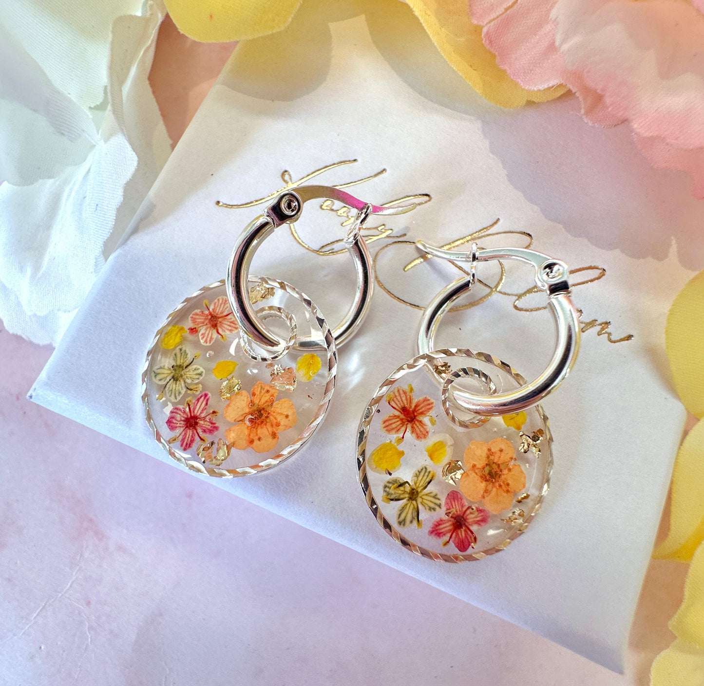Tutti Frutti Bloom disc silver hoop Earrings.