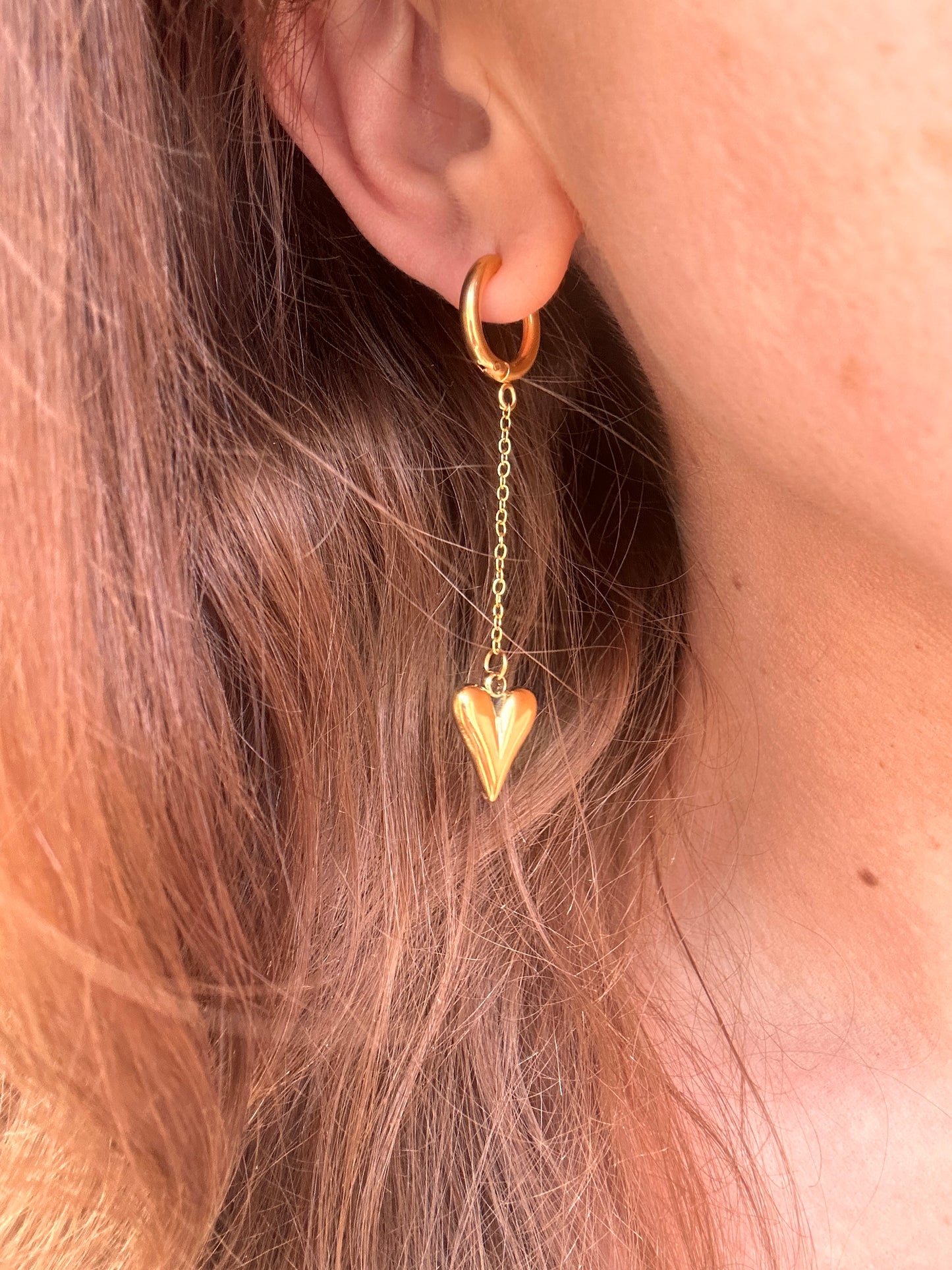 Gold Drop chain Heart huggie hoop earrings.