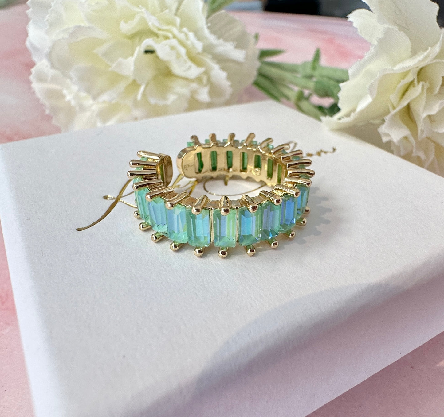 Gold Mint green rectangle stone Adjustable ring.